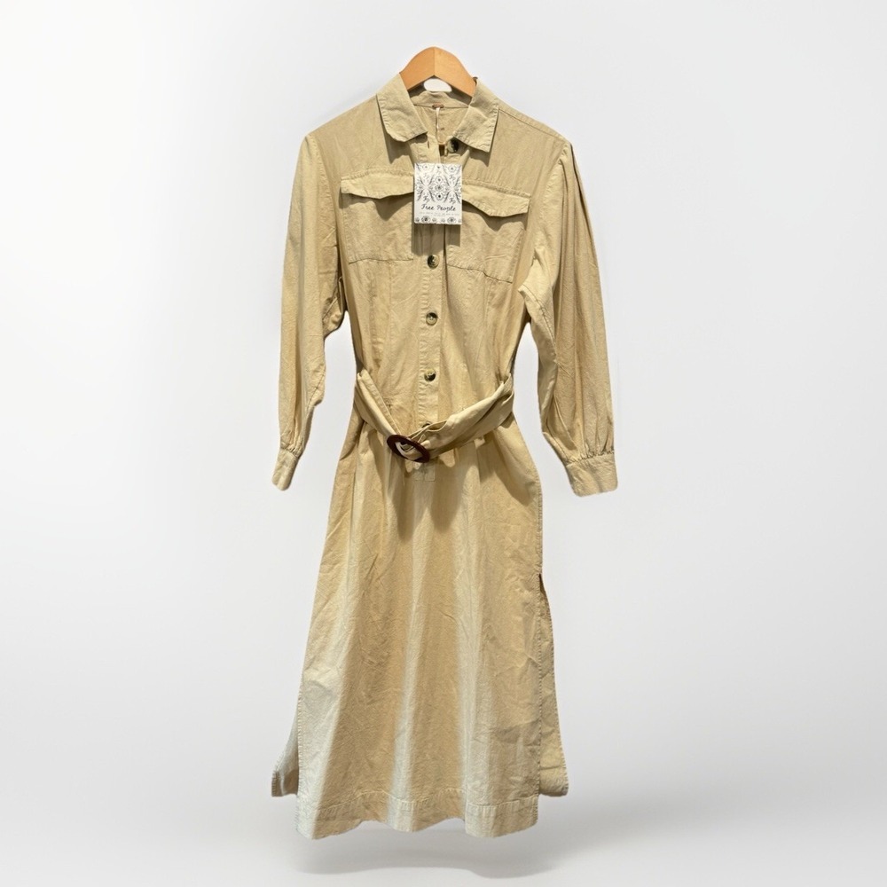 NEW‎ Free People Aubrey Belted Long Sleeve Utility Shirtdress in Cream Khaki XS